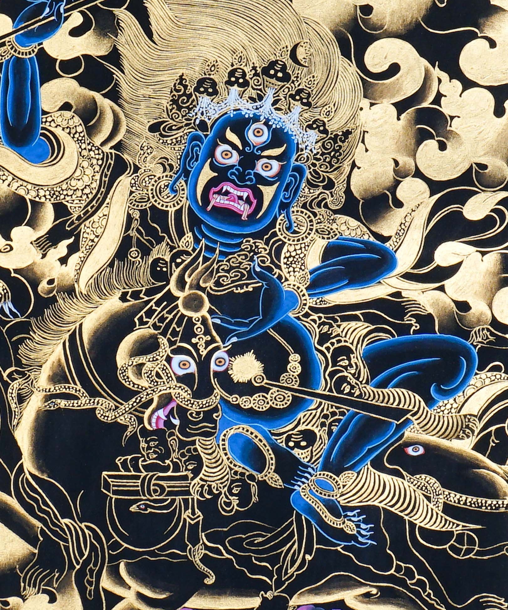 Palden Lhamo Thangka Painting showing the Tibetan Buddhist female Dharma protector riding in wrathful form with gold cloud patterns, ritual implements, lineage figures, mountain landscape and sacred Himalayan details.