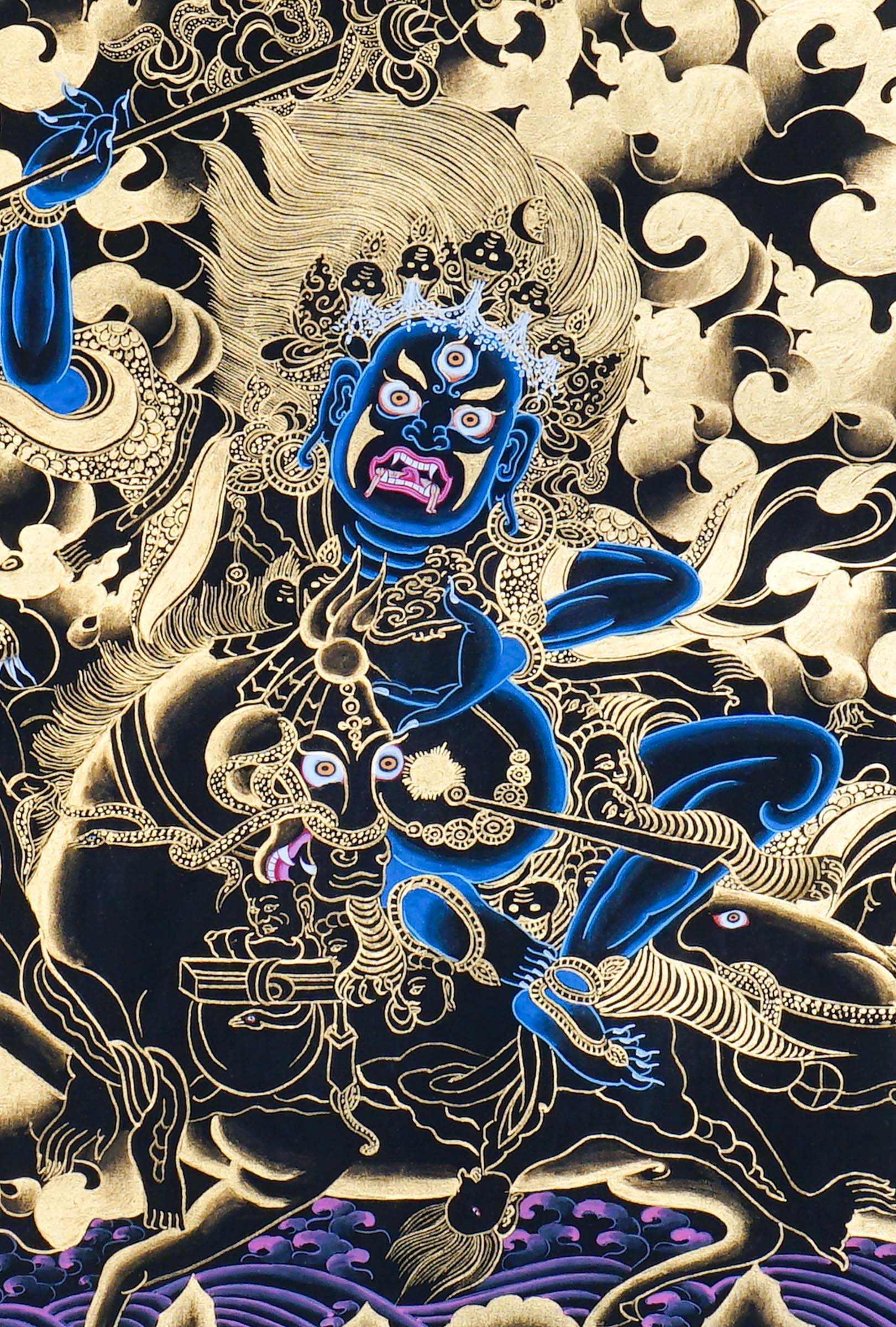 Palden Lhamo Thangka Painting showing the Tibetan Buddhist female Dharma protector riding in wrathful form with gold cloud patterns, ritual implements, lineage figures, mountain landscape and sacred Himalayan details.