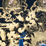 Palden Lhamo Thangka Painting showing the Tibetan Buddhist female Dharma protector riding in wrathful form with gold cloud patterns, ritual implements, lineage figures, mountain landscape and sacred Himalayan details.