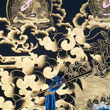 Palden Lhamo Thangka Painting showing the Tibetan Buddhist female Dharma protector riding in wrathful form with gold cloud patterns, ritual implements, lineage figures, mountain landscape and sacred Himalayan details.