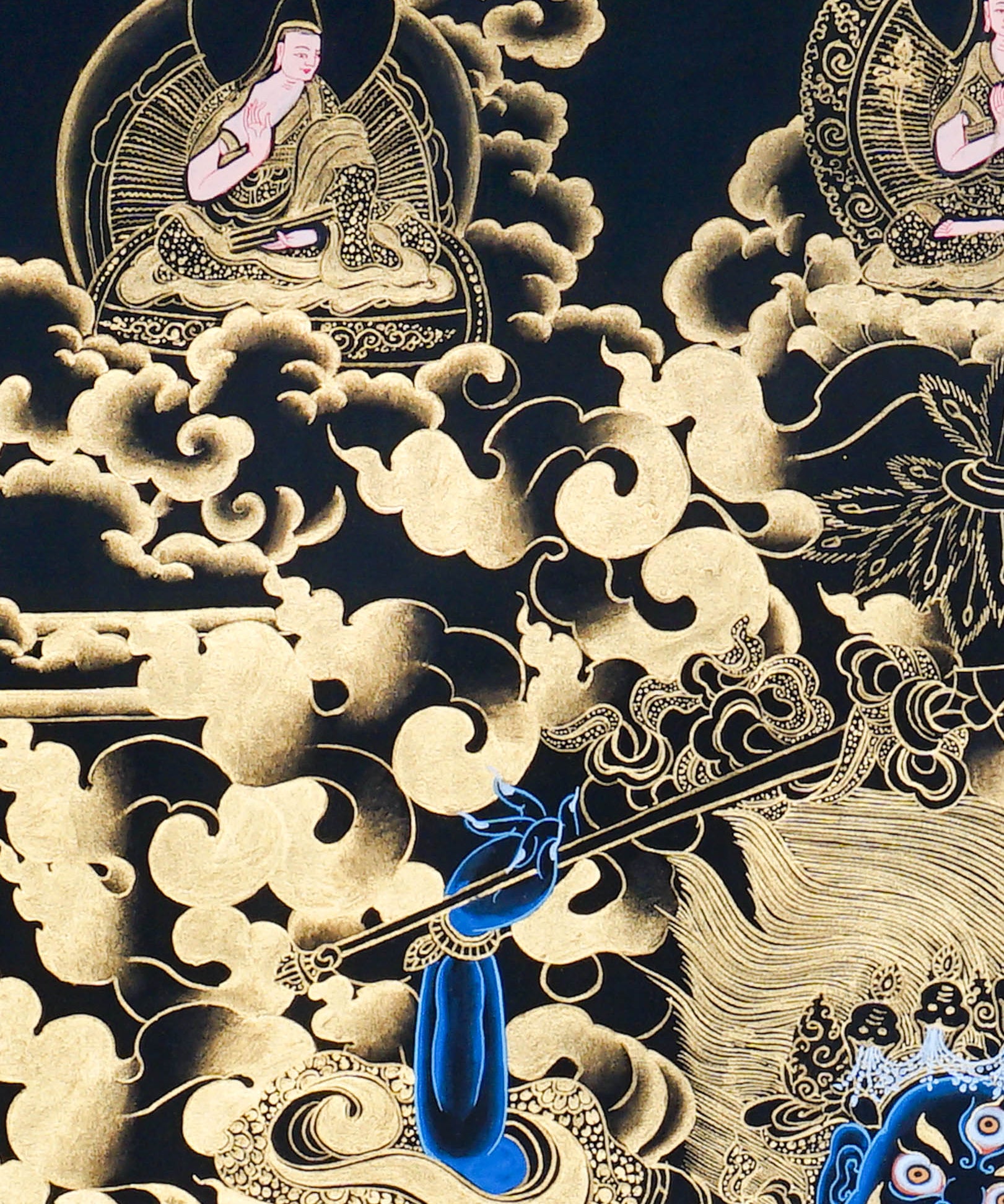 Palden Lhamo Thangka Painting showing the Tibetan Buddhist female Dharma protector riding in wrathful form with gold cloud patterns, ritual implements, lineage figures, mountain landscape and sacred Himalayan details.