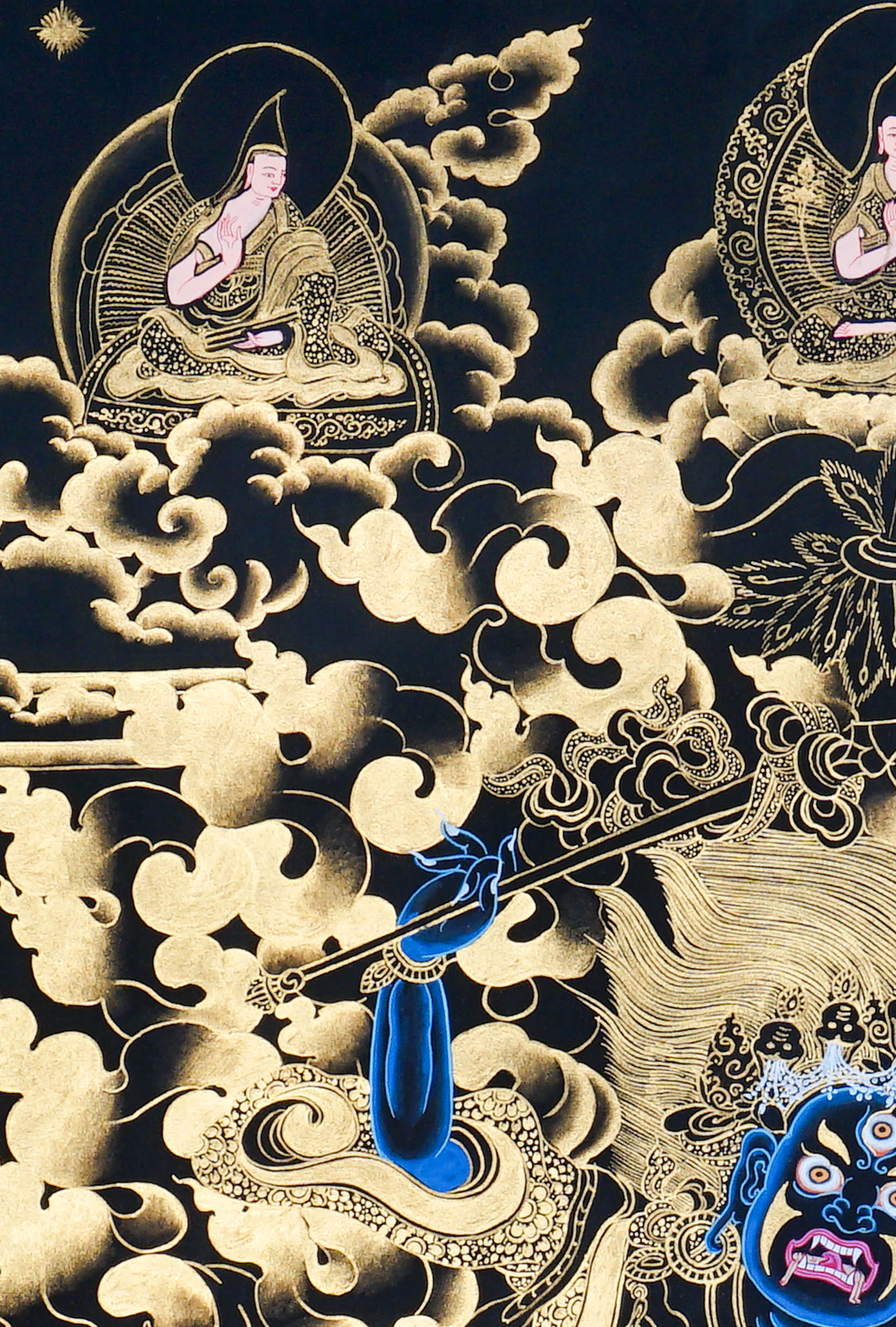 Palden Lhamo Thangka Painting showing the Tibetan Buddhist female Dharma protector riding in wrathful form with gold cloud patterns, ritual implements, lineage figures, mountain landscape and sacred Himalayan details.