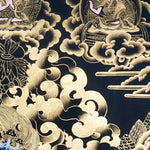 Palden Lhamo Thangka Painting showing the Tibetan Buddhist female Dharma protector riding in wrathful form with gold cloud patterns, ritual implements, lineage figures, mountain landscape and sacred Himalayan details.