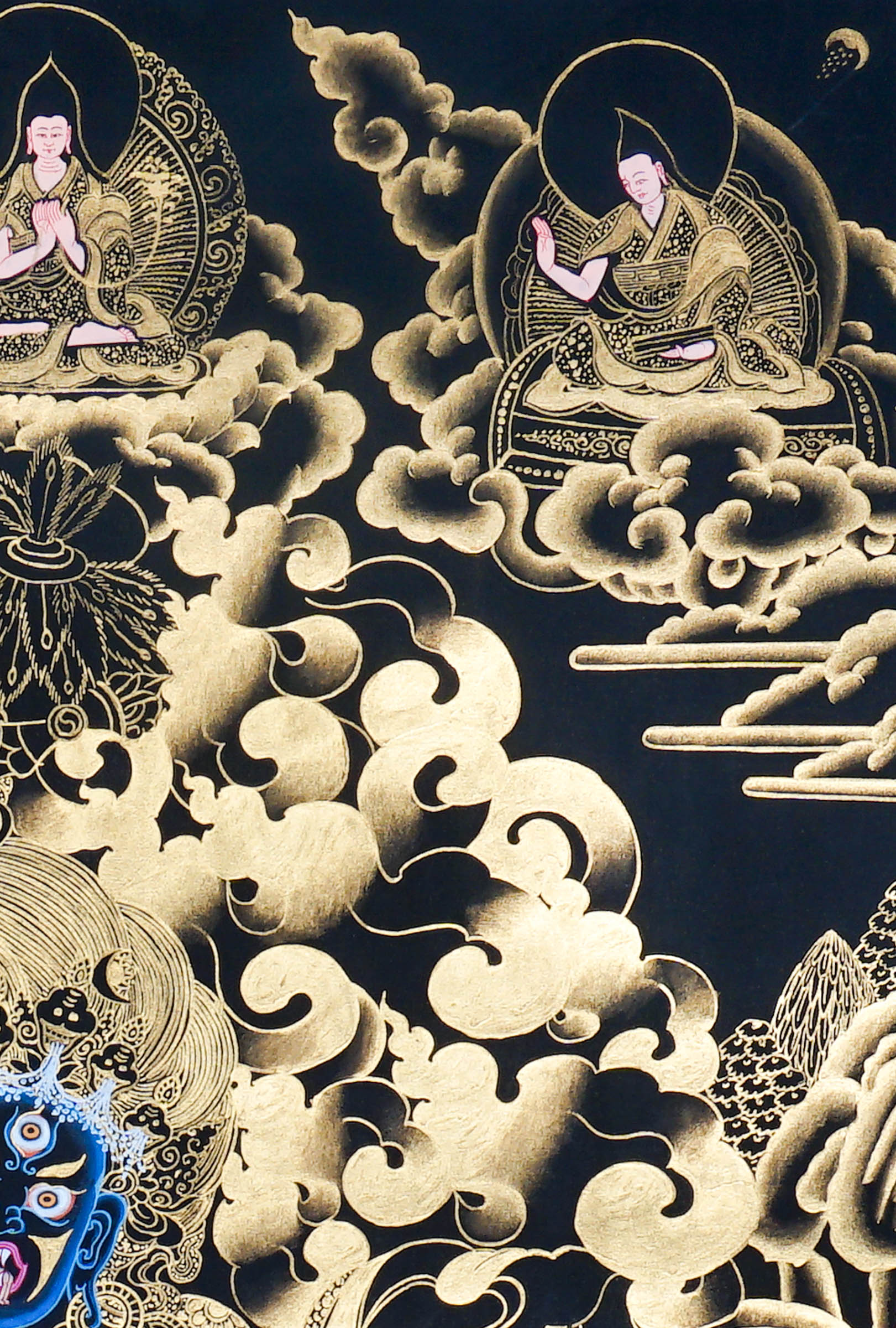 Palden Lhamo Thangka Painting showing the Tibetan Buddhist female Dharma protector riding in wrathful form with gold cloud patterns, ritual implements, lineage figures, mountain landscape and sacred Himalayan details.