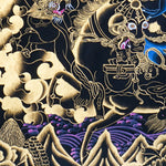 Palden Lhamo Thangka Painting showing the Tibetan Buddhist female Dharma protector riding in wrathful form with gold cloud patterns, ritual implements, lineage figures, mountain landscape and sacred Himalayan details.