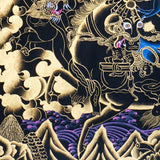 Palden Lhamo Thangka Painting showing the Tibetan Buddhist female Dharma protector riding in wrathful form with gold cloud patterns, ritual implements, lineage figures, mountain landscape and sacred Himalayan details.