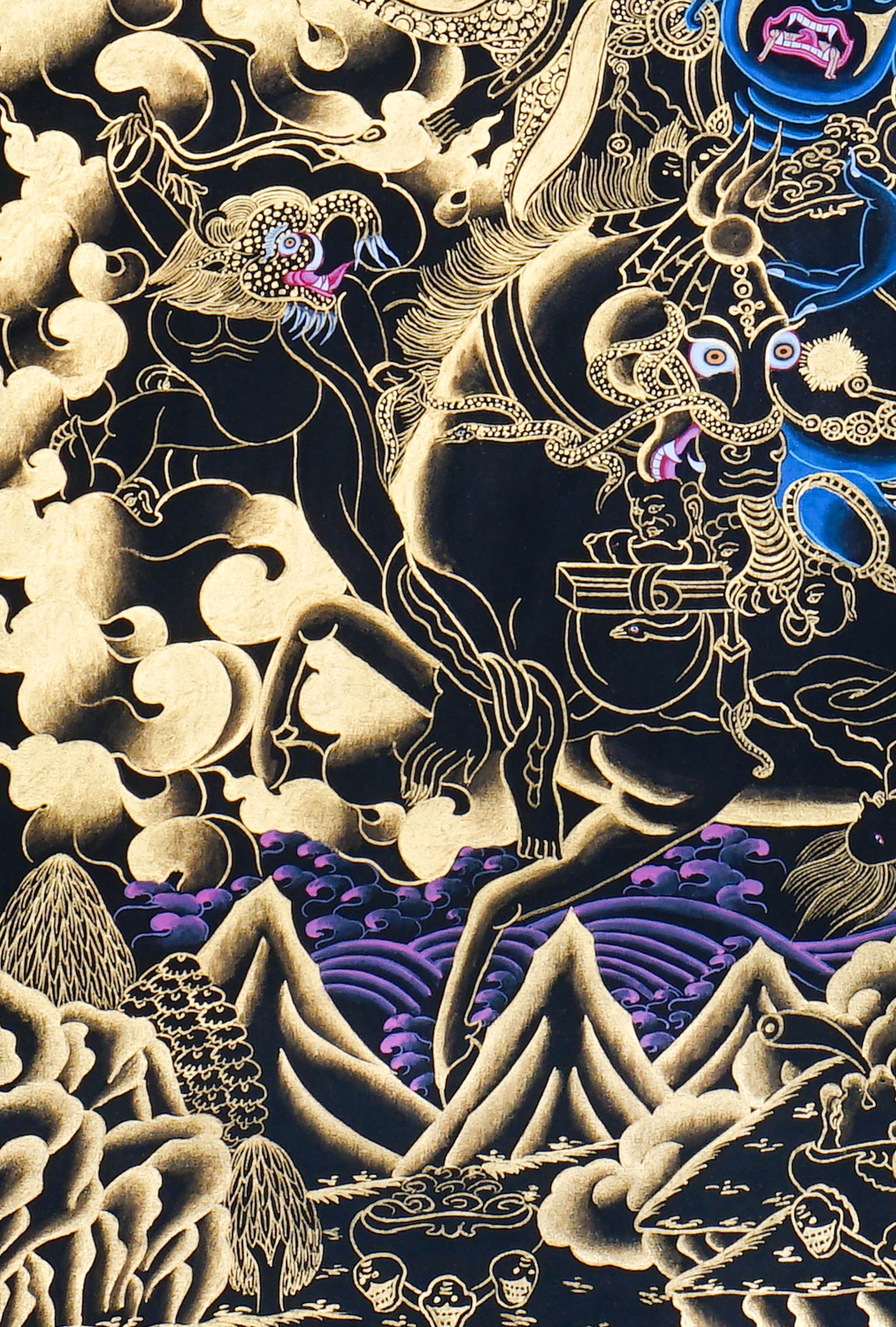 Palden Lhamo Thangka Painting showing the Tibetan Buddhist female Dharma protector riding in wrathful form with gold cloud patterns, ritual implements, lineage figures, mountain landscape and sacred Himalayan details.
