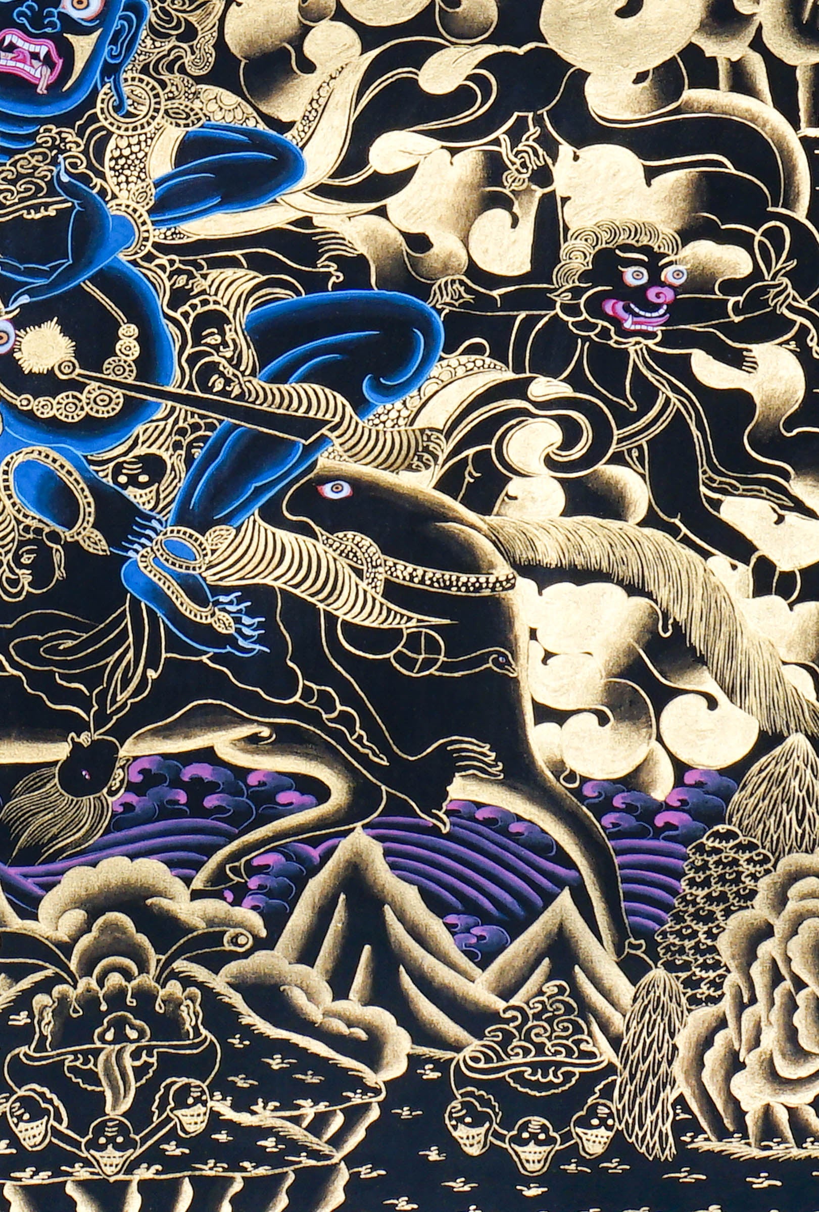 Palden Lhamo Thangka Painting showing the Tibetan Buddhist female Dharma protector riding in wrathful form with gold cloud patterns, ritual implements, lineage figures, mountain landscape and sacred Himalayan details.