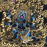 Mahakala thangka painting showing a wrathful blue Mahakala deity with multiple arms, flaming aura, gold clouds, dragon motif, and black background in traditional Tibetan Buddhist style.