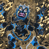Mahakala thangka painting showing a wrathful blue Mahakala deity with multiple arms, flaming aura, gold clouds, dragon motif, and black background in traditional Tibetan Buddhist style.