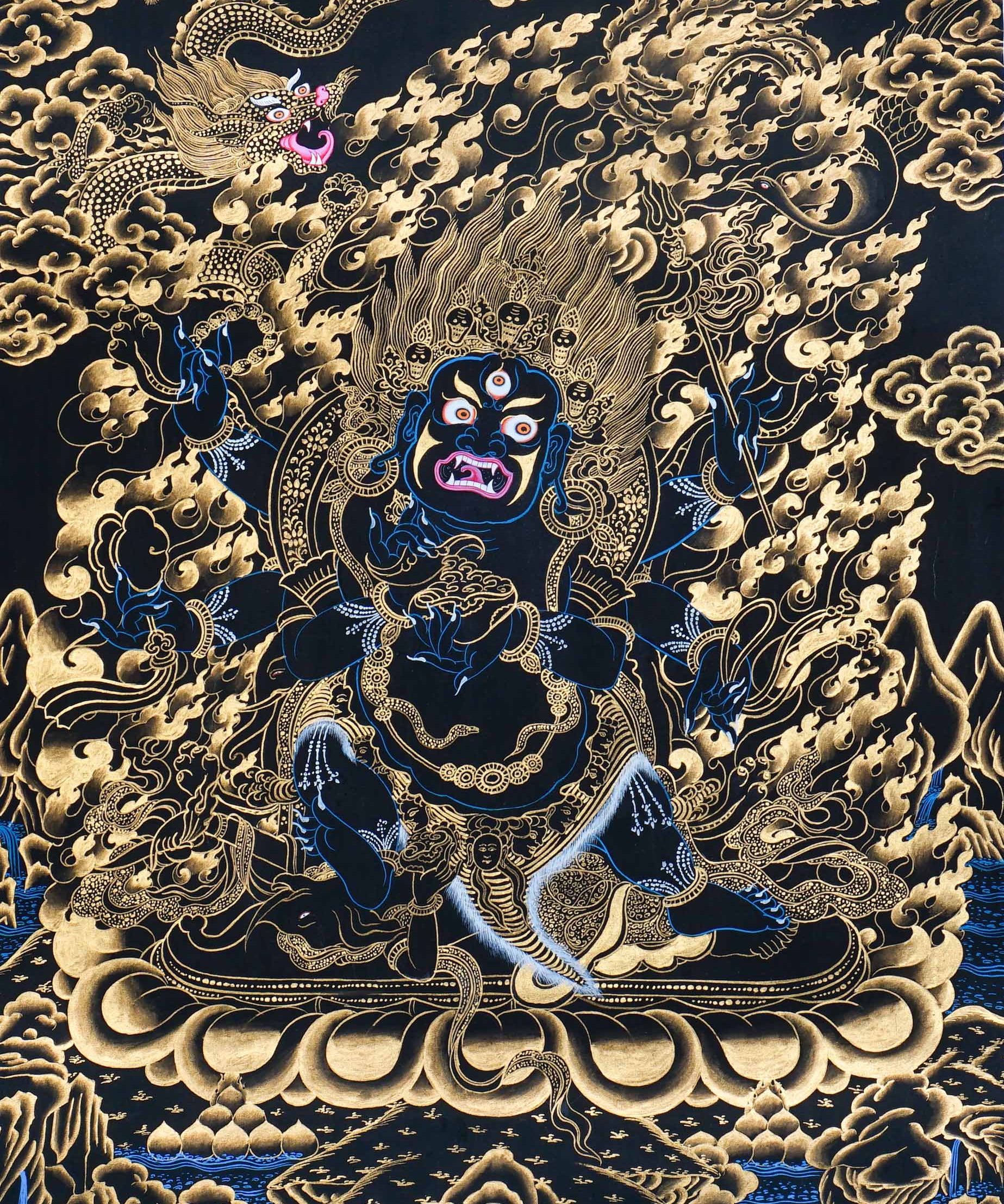 Mahakala thangka painting showing a wrathful blue Mahakala deity with multiple arms, flaming aura, gold clouds, dragon motif, and black background in traditional Tibetan Buddhist style.