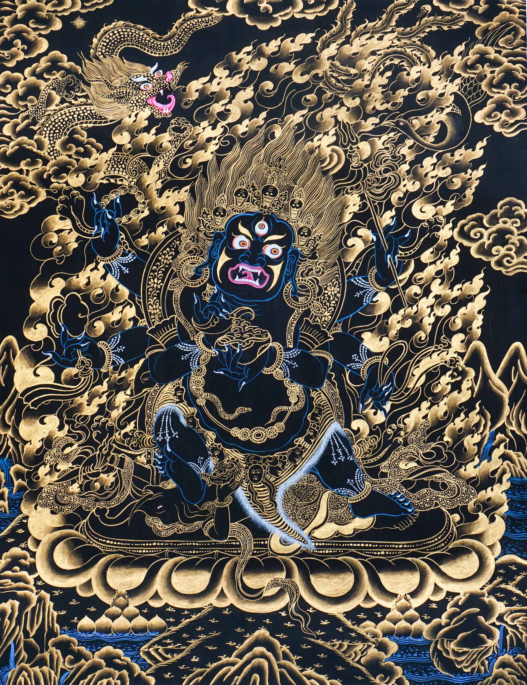 Mahakala thangka painting showing a wrathful blue Mahakala deity with multiple arms, flaming aura, gold clouds, dragon motif, and black background in traditional Tibetan Buddhist style.