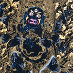 Mahakala thangka painting showing a wrathful blue Mahakala deity with multiple arms, flaming aura, gold clouds, dragon motif, and black background in traditional Tibetan Buddhist style.