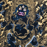 Mahakala thangka painting showing a wrathful blue Mahakala deity with multiple arms, flaming aura, gold clouds, dragon motif, and black background in traditional Tibetan Buddhist style.