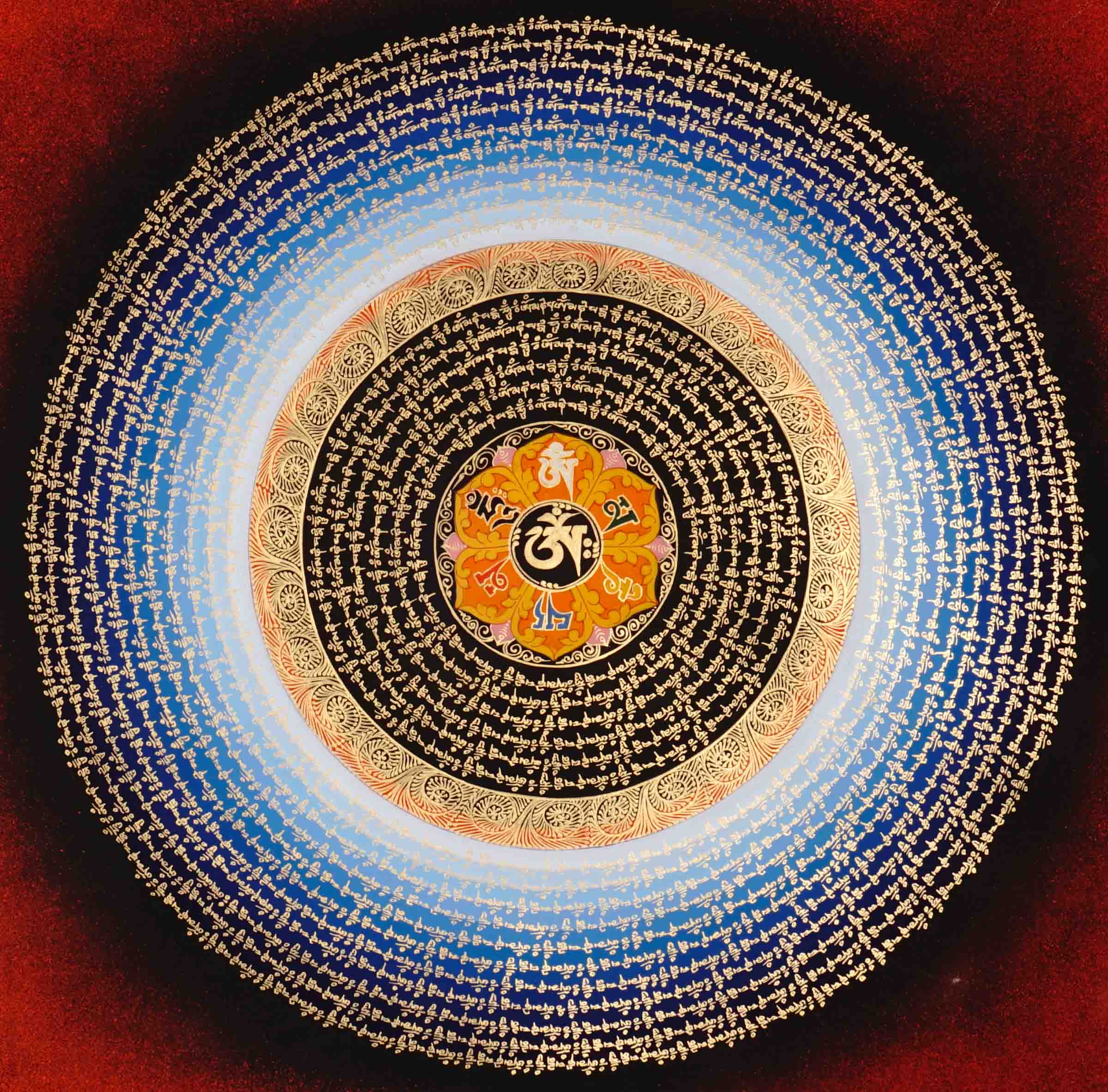 Om Lotus Mantra Mandala Thangka with concentric Tibetan mantra script from Nepal