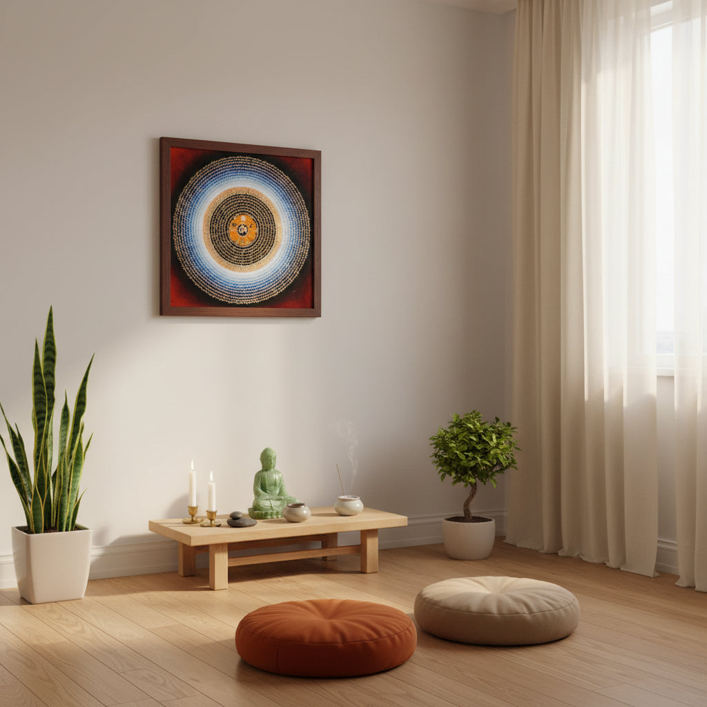 Om Lotus Mantra Mandala Thangka with concentric Tibetan mantra script from Nepal