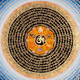 Om Lotus Mantra Mandala Thangka with concentric Tibetan mantra script from Nepal