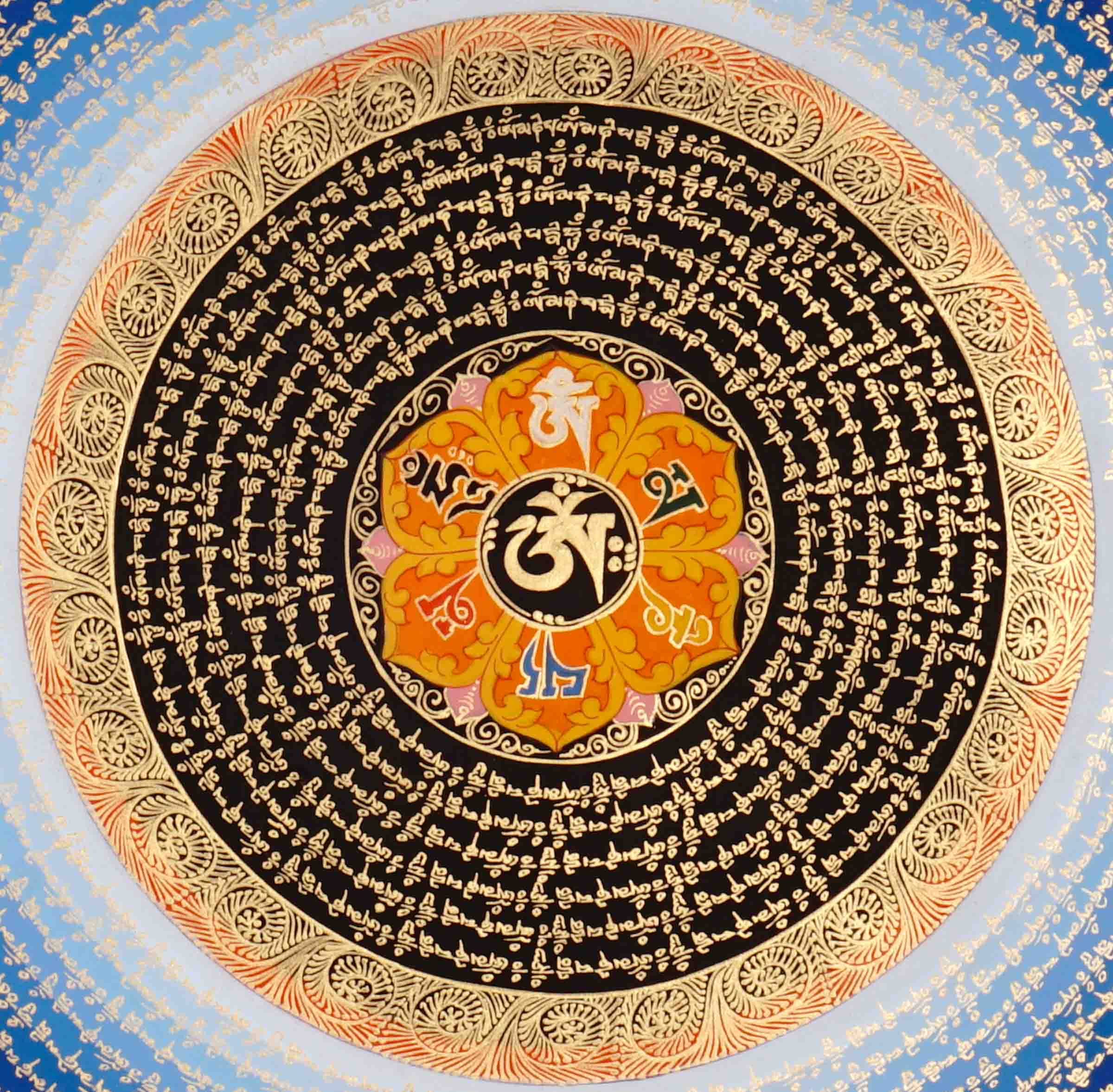 Om Lotus Mantra Mandala Thangka with concentric Tibetan mantra script from Nepal