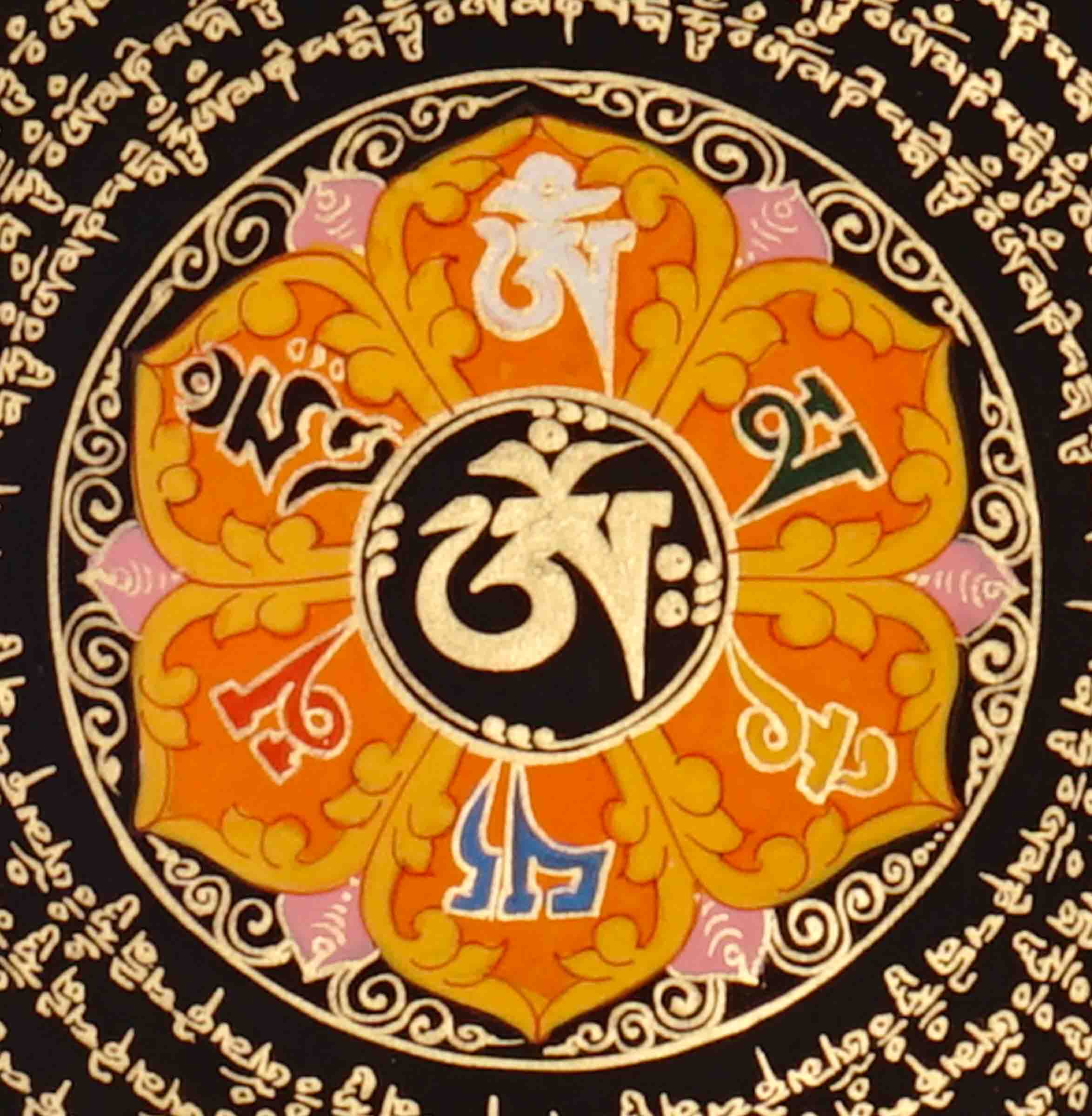 Om Lotus Mantra Mandala Thangka with concentric Tibetan mantra script from Nepal