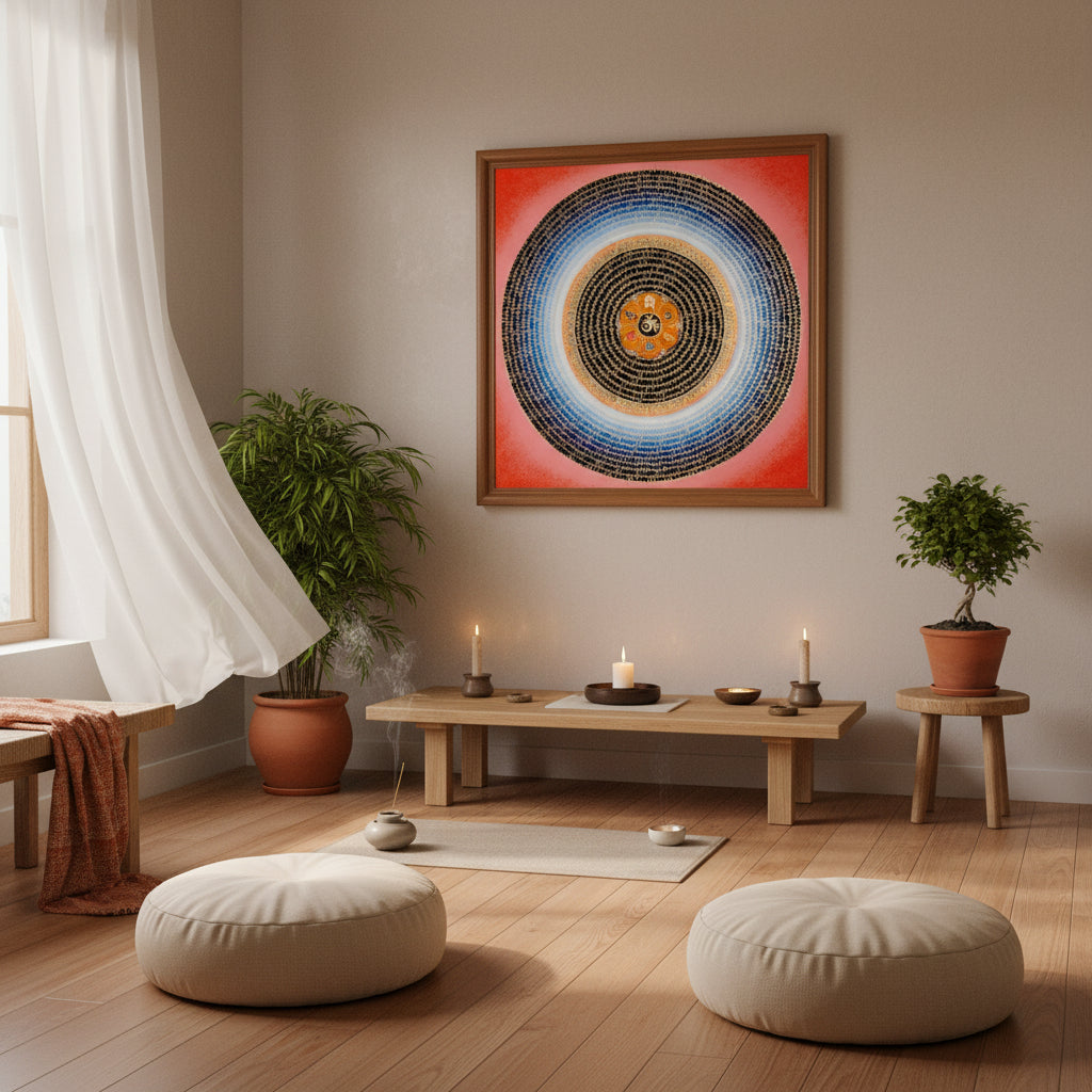 Om Lotus Mantra Mandala Thangka with concentric Tibetan mantra script and lotus motif from Nepal