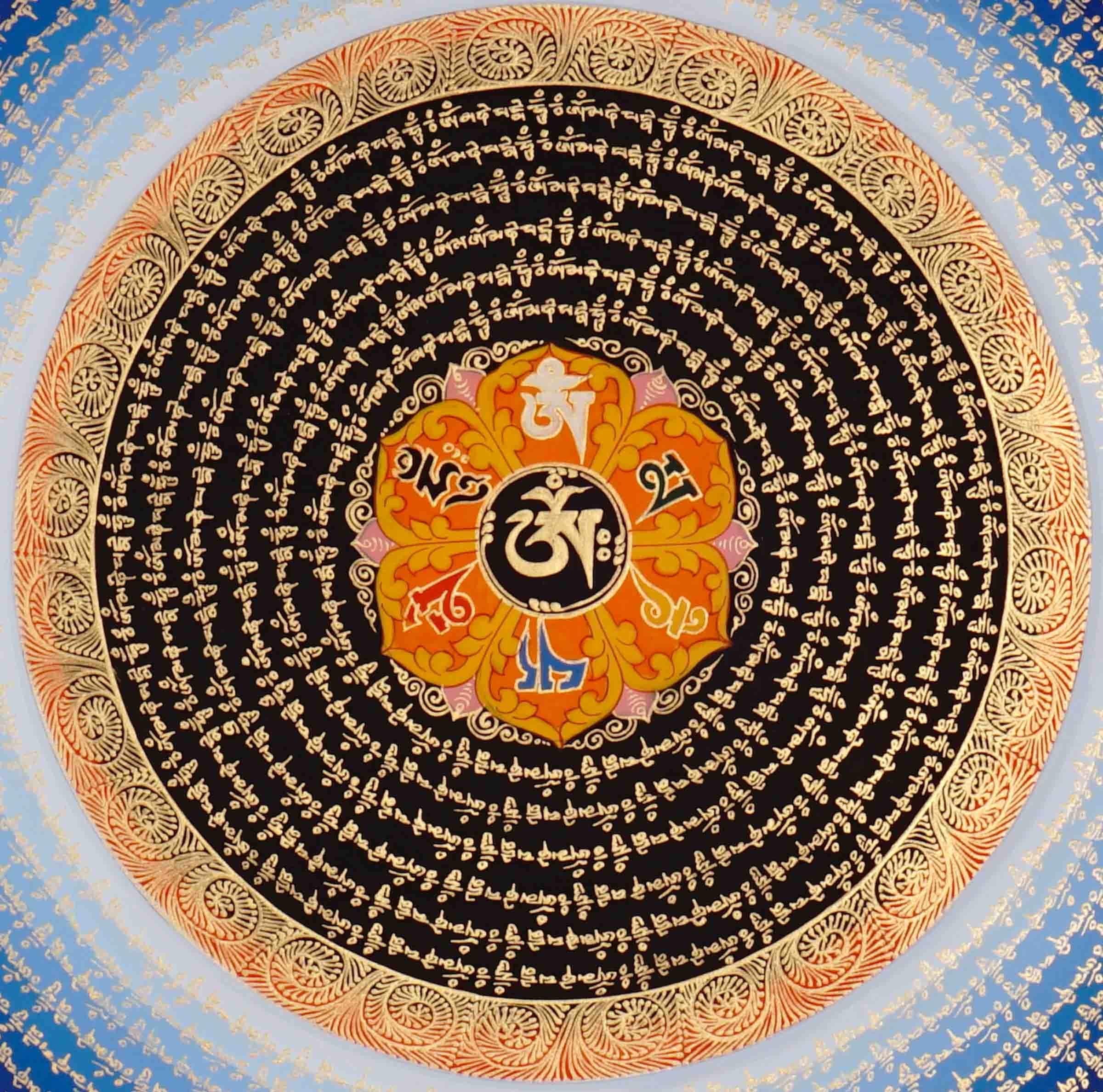 Om Lotus Mantra Mandala Thangka with concentric Tibetan mantra script and lotus motif from Nepal