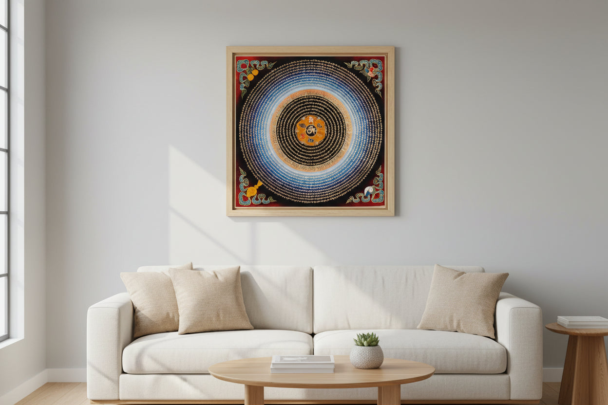 Om Lotus Mantra Mandala Thangka with Aum symbol and radiating Tibetan script from Nepal