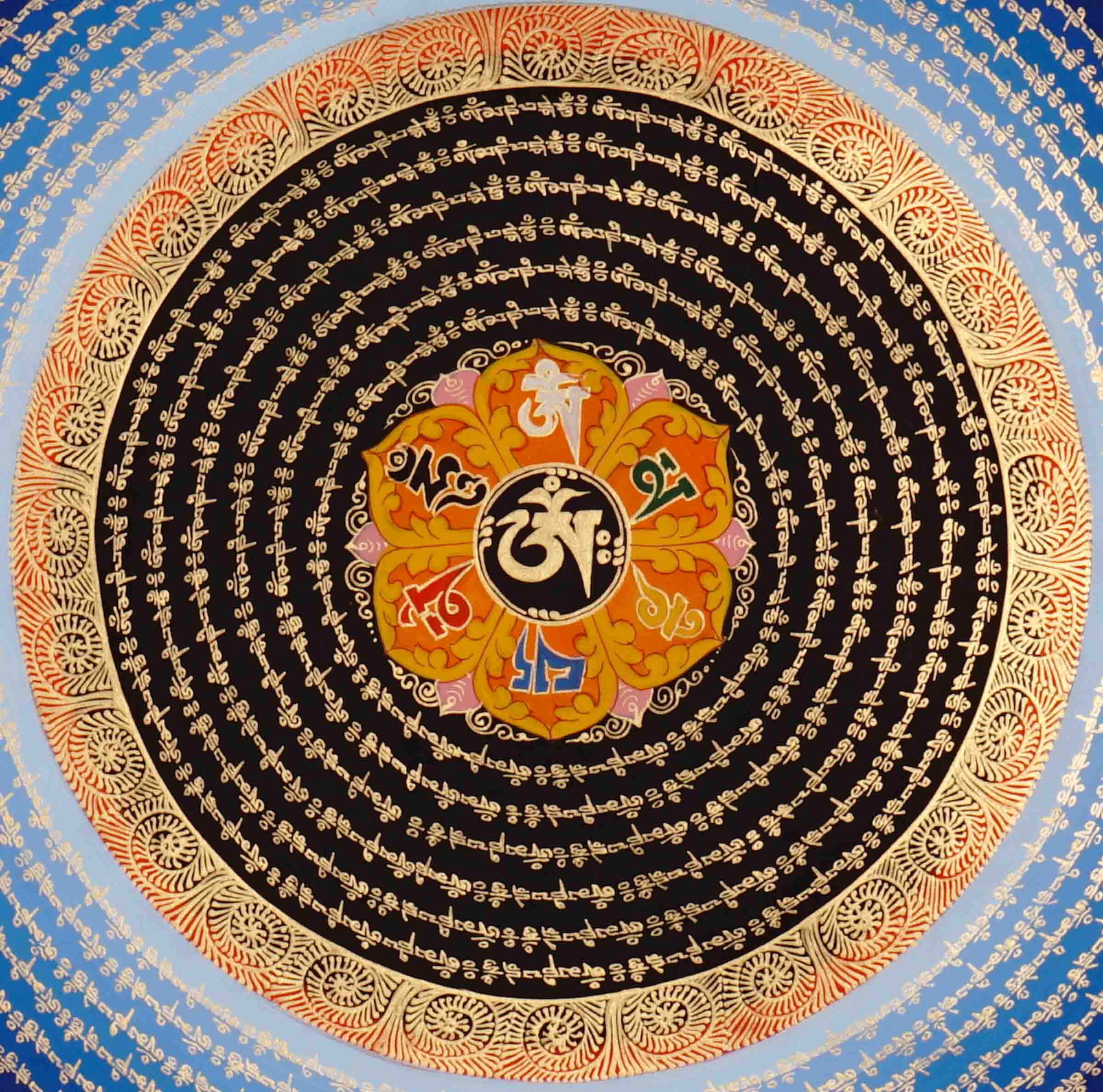 Om Lotus Mantra Mandala Thangka with Aum symbol and radiating Tibetan script from Nepal