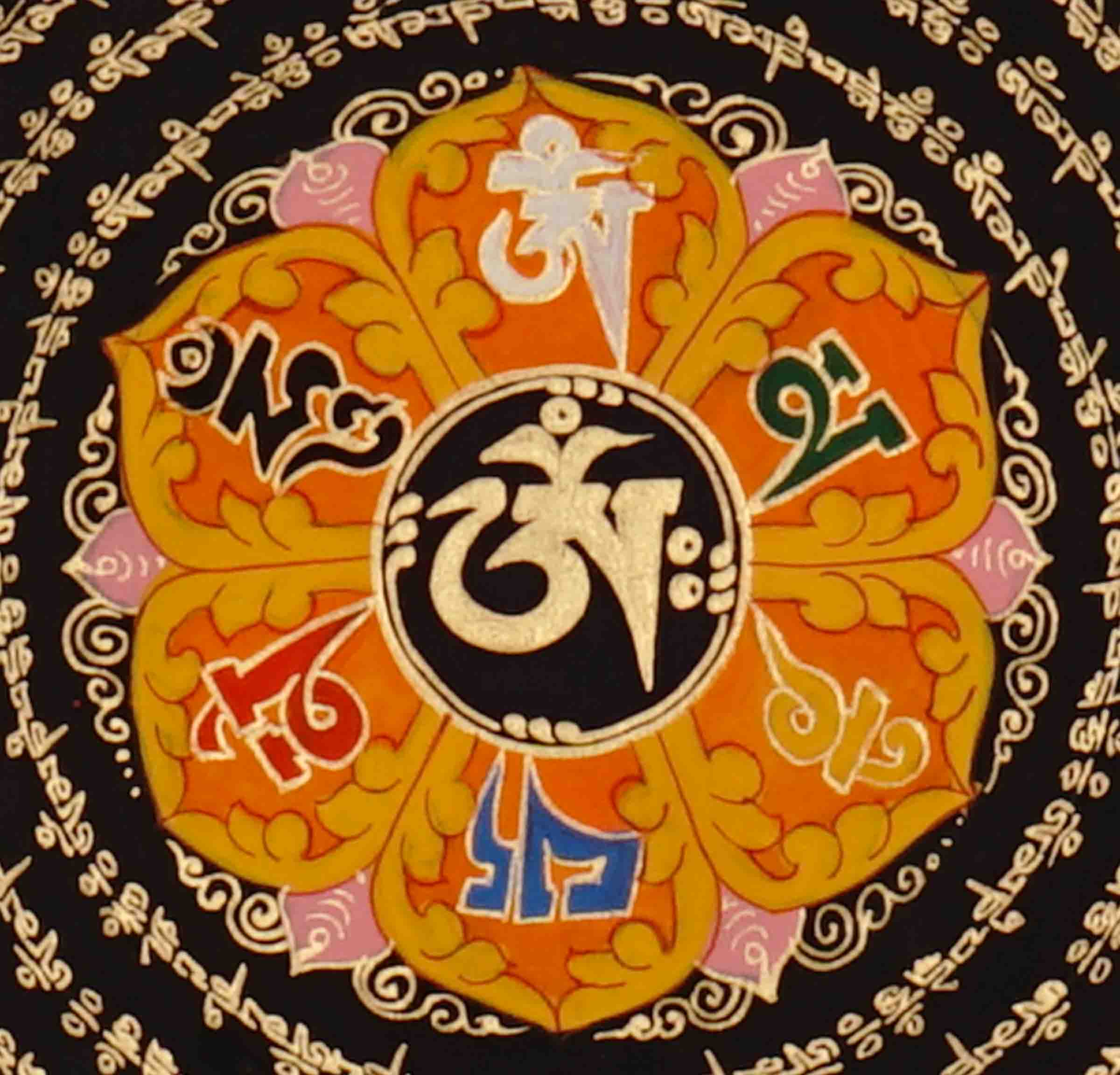 Om Lotus Mantra Mandala Thangka with Aum symbol and radiating Tibetan script from Nepal