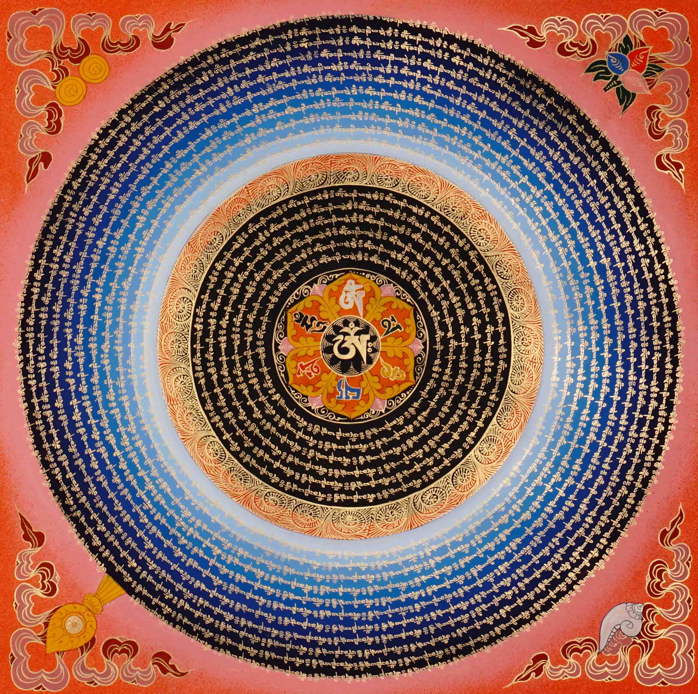 Om Lotus Mantra Mandala Thangka with Aum symbol and radiating Tibetan mantra script from Nepal