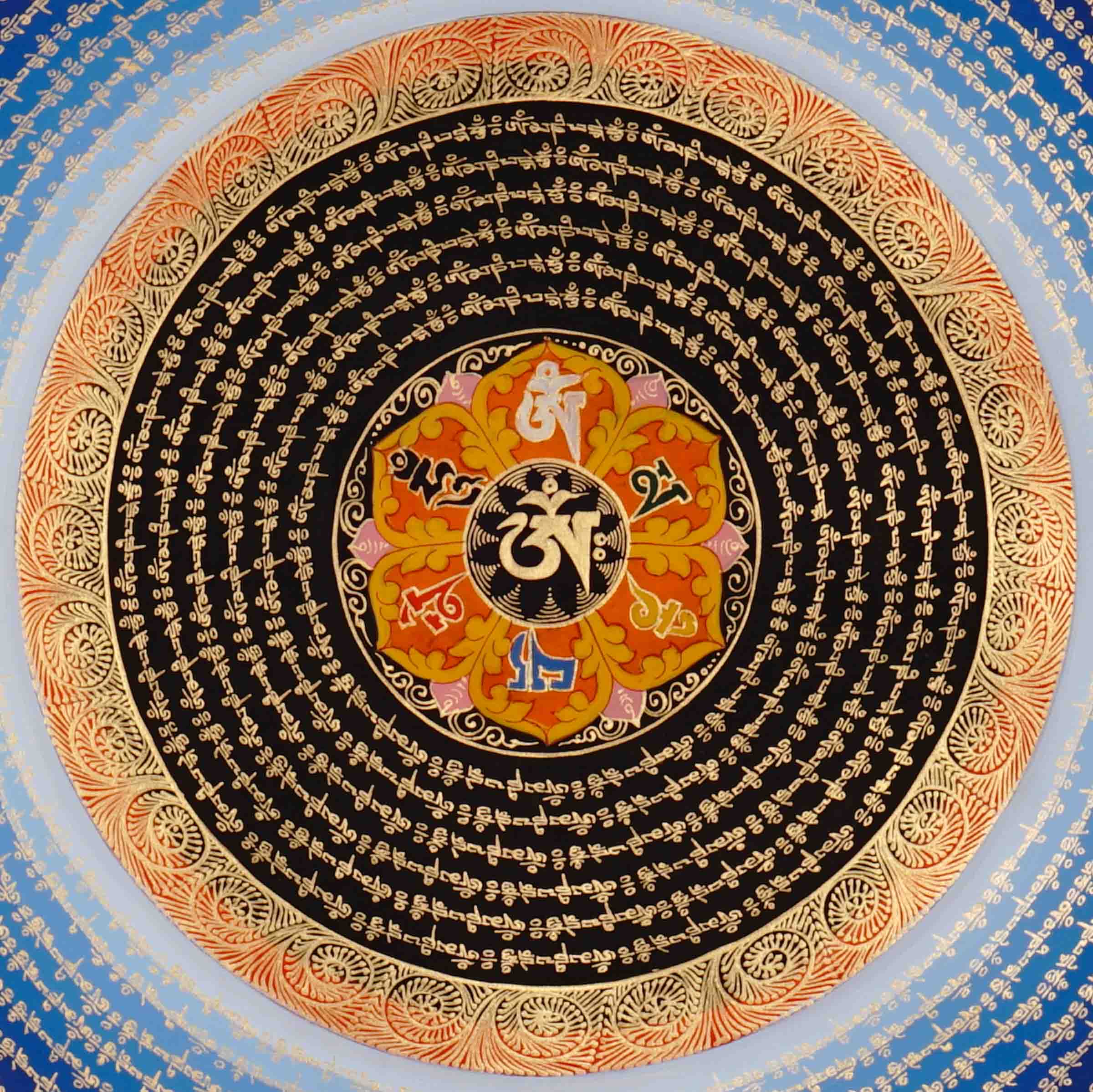 Om Lotus Mantra Mandala Thangka with Aum symbol and radiating Tibetan mantra script from Nepal