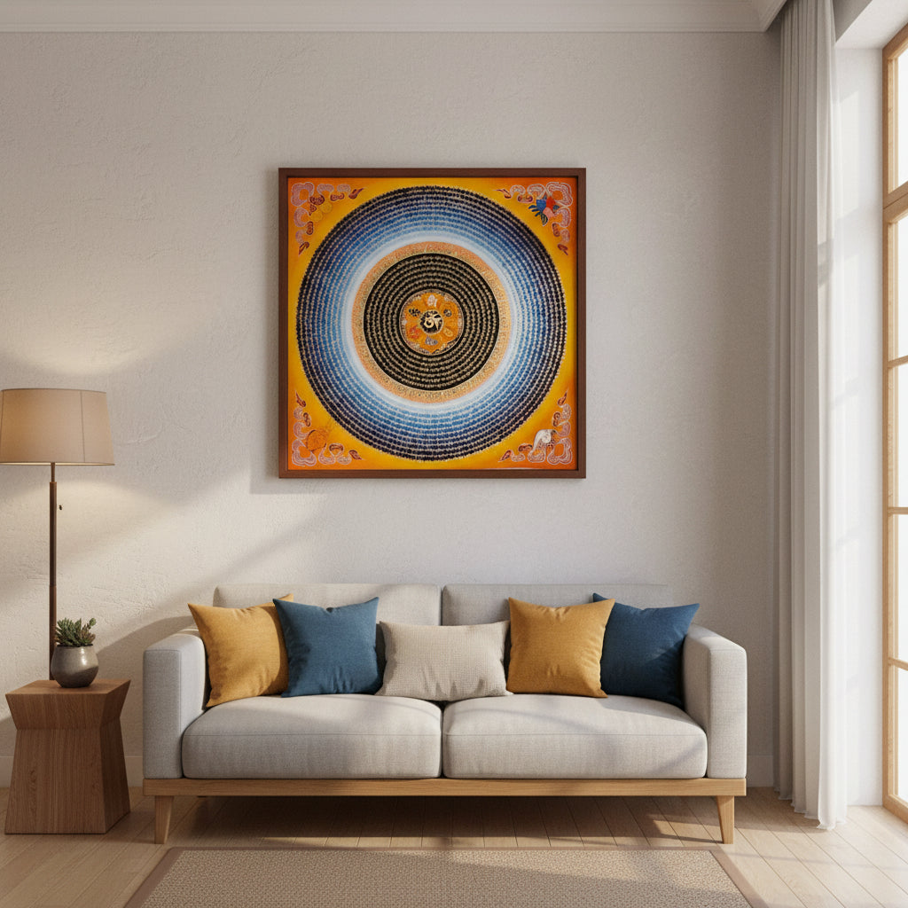 Golden Om Mantra Mandala Thangka with Aum symbol and concentric Tibetan mantra script