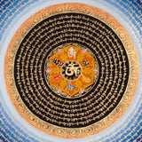 Golden Om Mantra Mandala Thangka with Aum symbol and concentric Tibetan mantra script