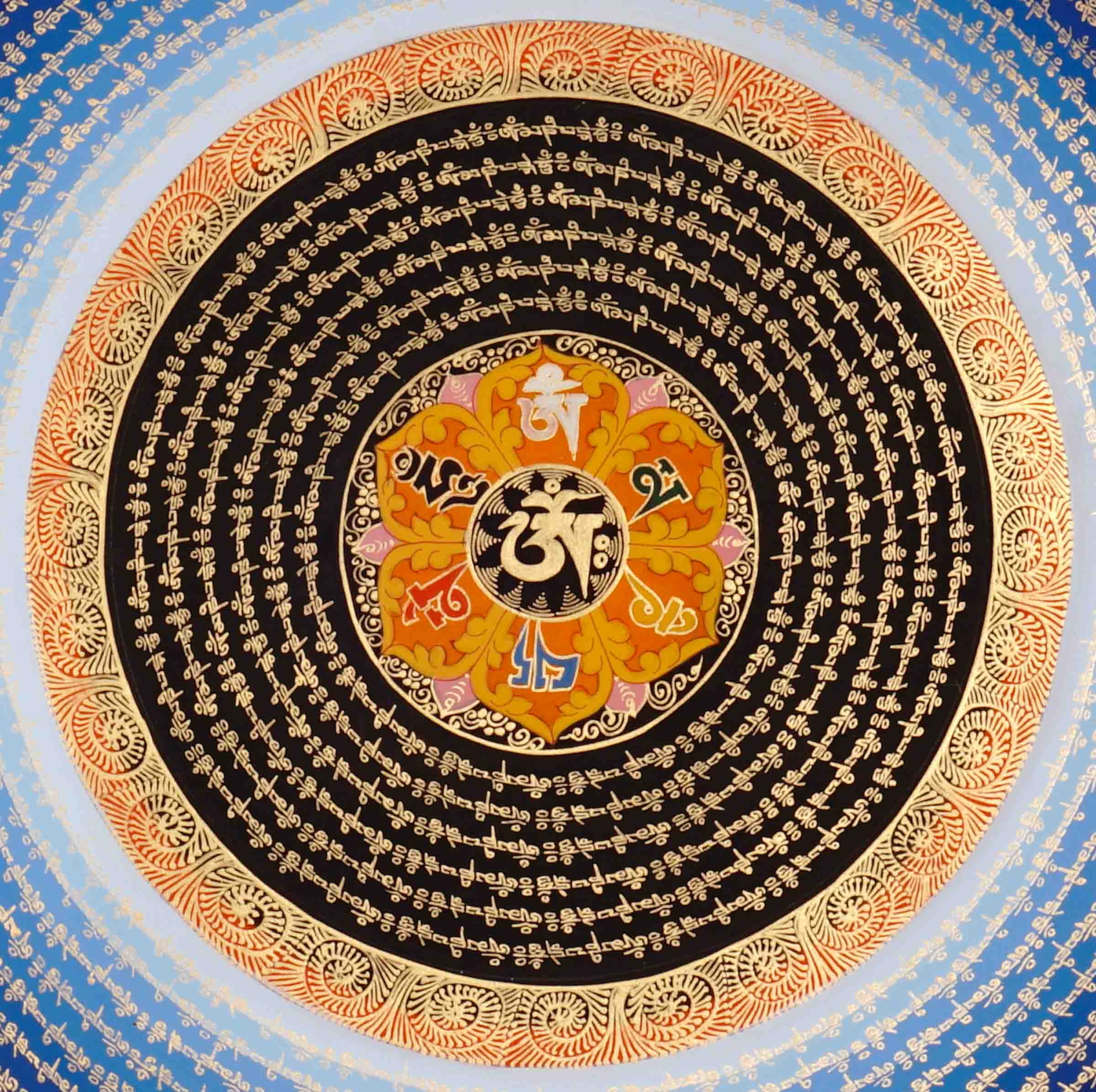 Golden Om Mantra Mandala Thangka with Aum symbol and concentric Tibetan mantra script
