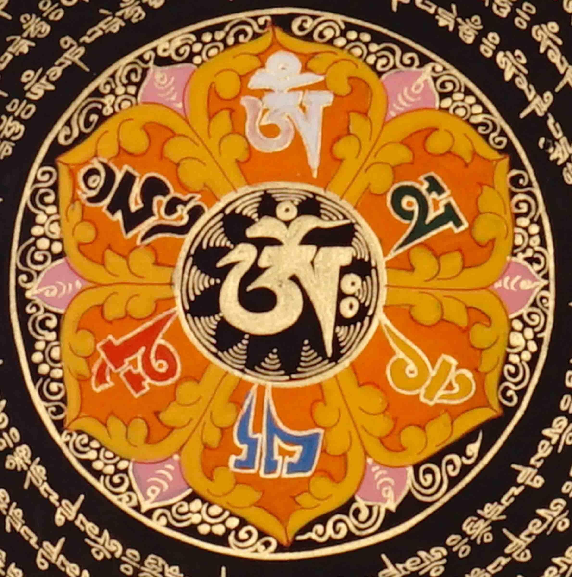 Golden Om Mantra Mandala Thangka with Aum symbol and concentric Tibetan mantra script