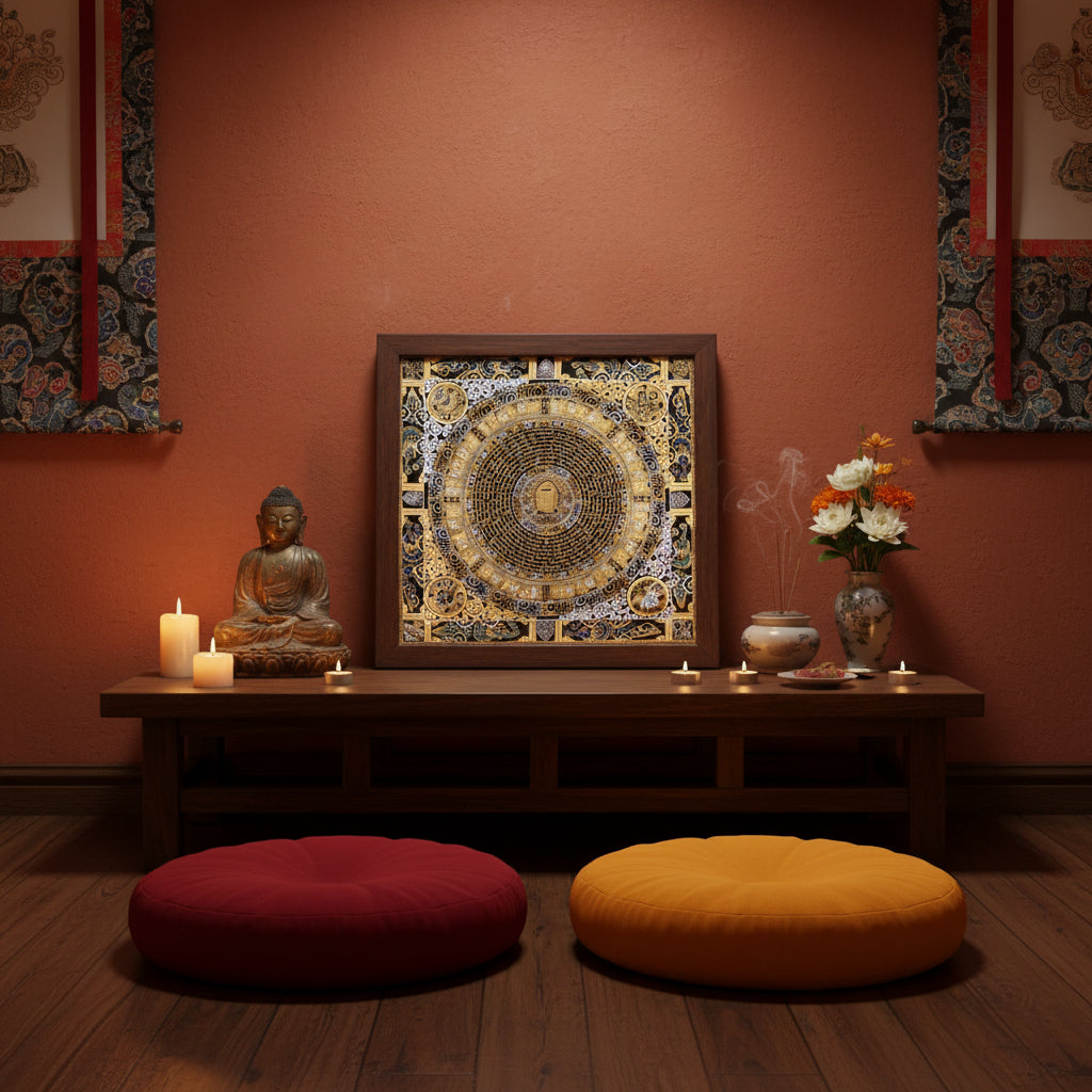 Black gold tibetan mantra mandala artwork