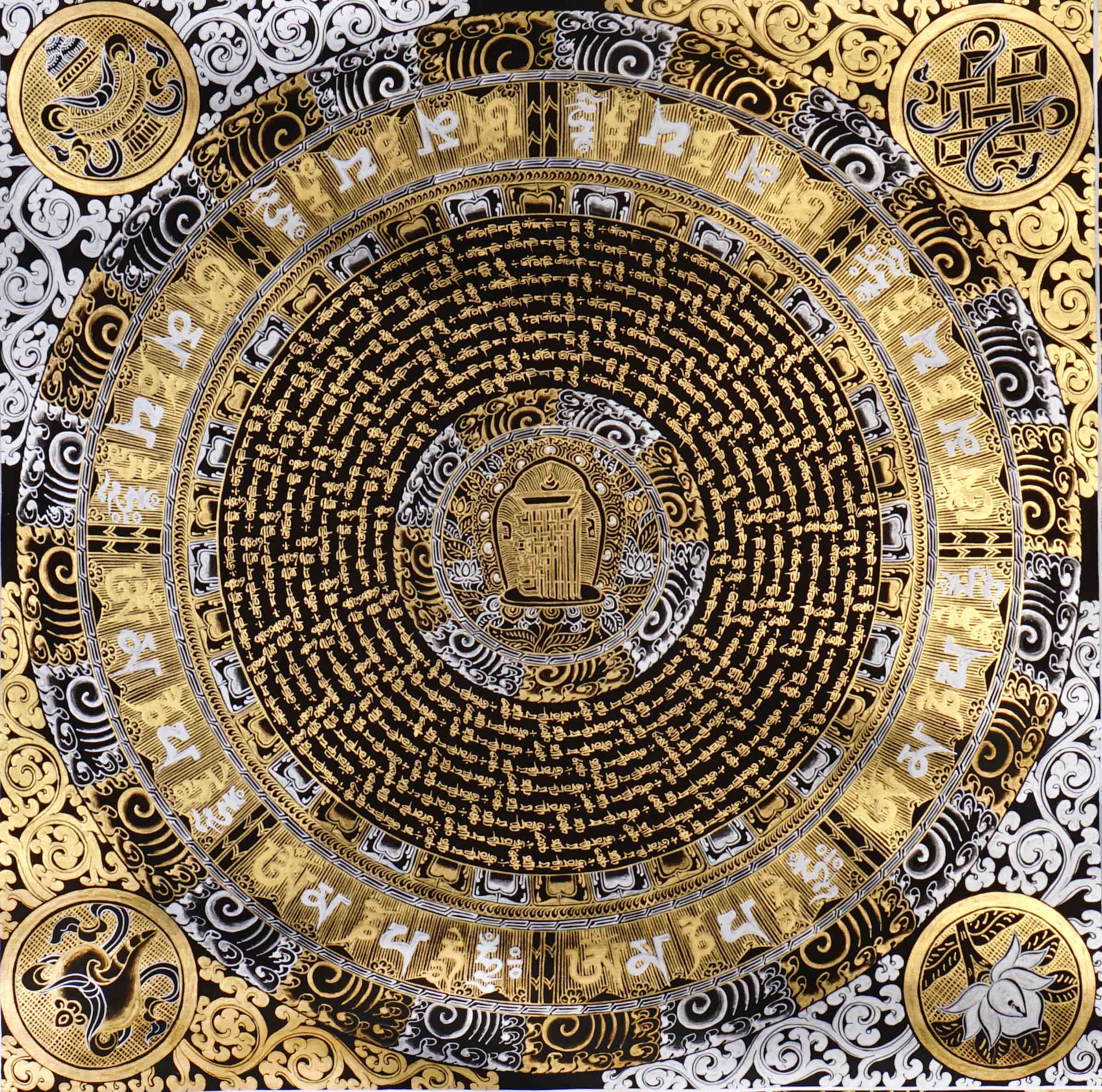 black gold tibetan mantra mandala artwork