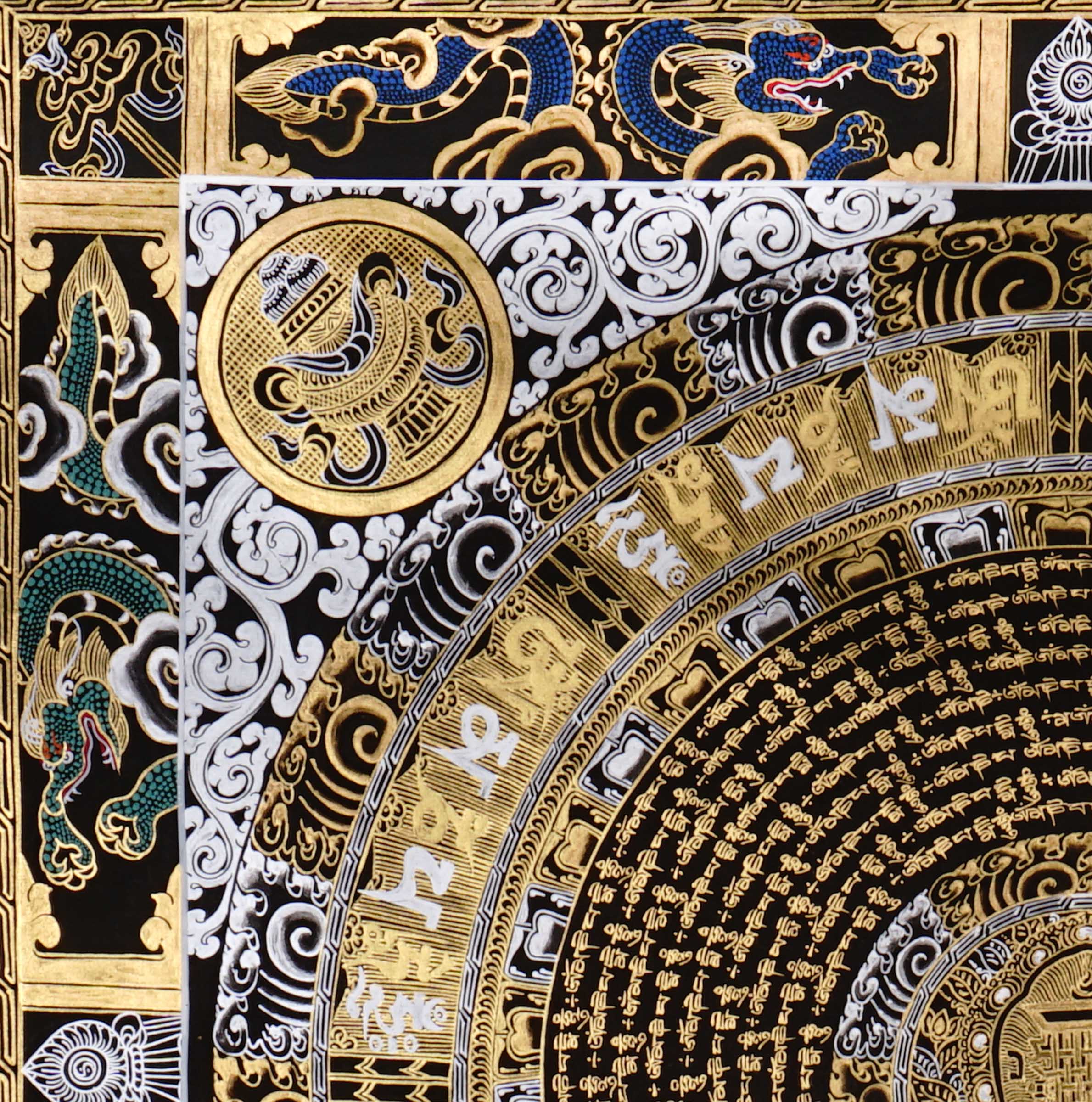 black gold tibetan mantra mandala artwork