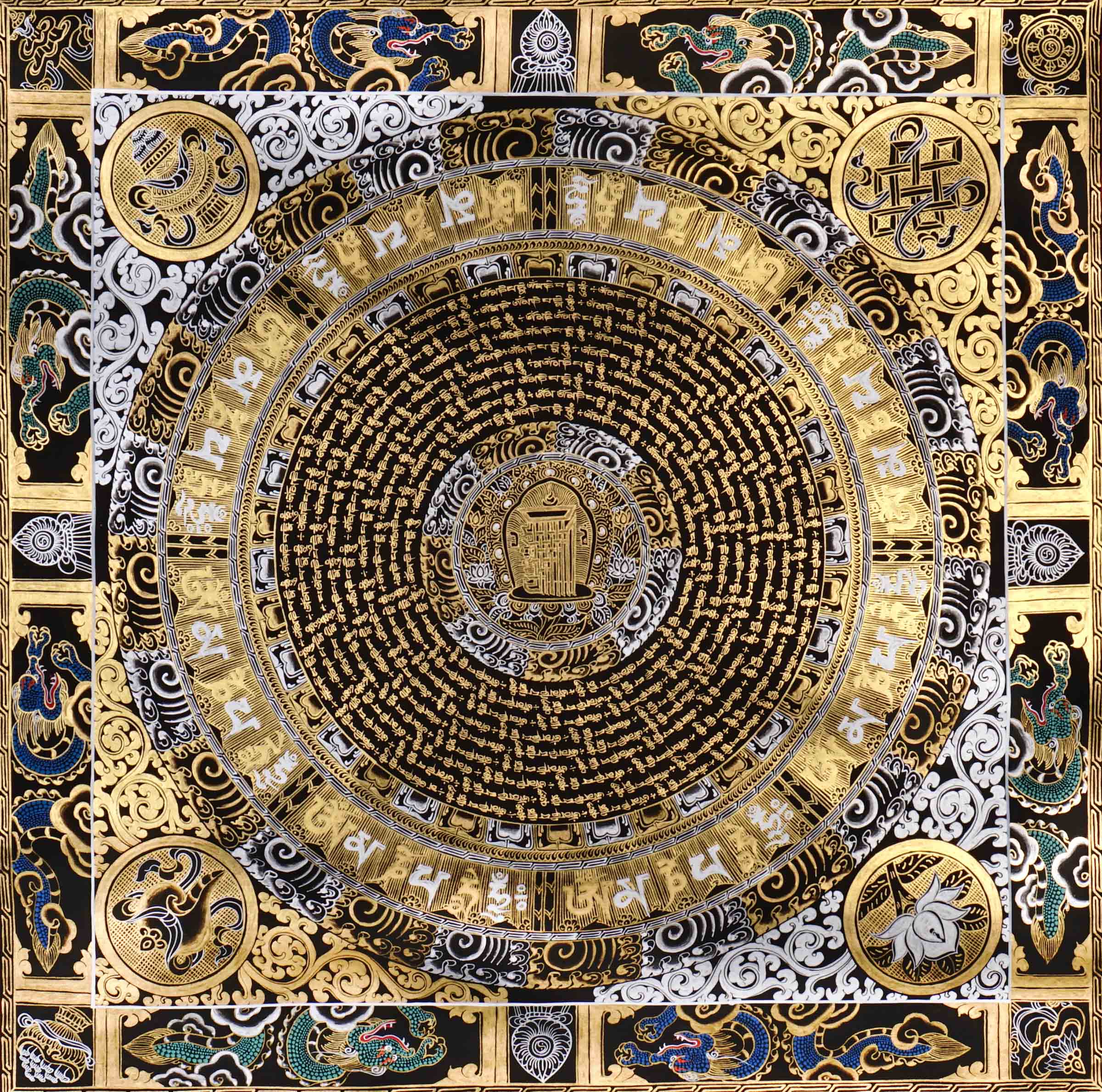 black gold tibetan mantra mandala artwork