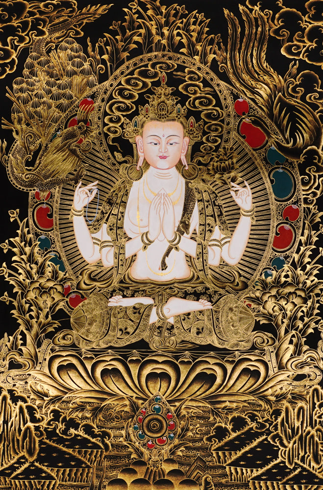 Authentic Chenrezig Thangka artwork hand painted in Nepal with rich symbolism, refined detail, and traditional Buddhist craftsmanship.