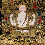 Authentic Chenrezig Thangka artwork hand painted in Nepal with rich symbolism, refined detail, and traditional Buddhist craftsmanship.