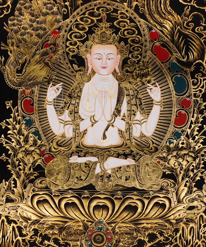 Authentic Chenrezig Thangka artwork hand painted in Nepal with rich symbolism, refined detail, and traditional Buddhist craftsmanship.