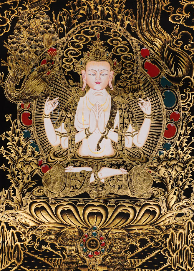 Authentic Chenrezig Thangka artwork hand painted in Nepal with rich symbolism, refined detail, and traditional Buddhist craftsmanship.