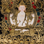 Authentic Chenrezig Thangka artwork hand painted in Nepal with rich symbolism, refined detail, and traditional Buddhist craftsmanship.