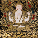 Authentic Chenrezig Thangka artwork hand painted in Nepal with rich symbolism, refined detail, and traditional Buddhist craftsmanship.
