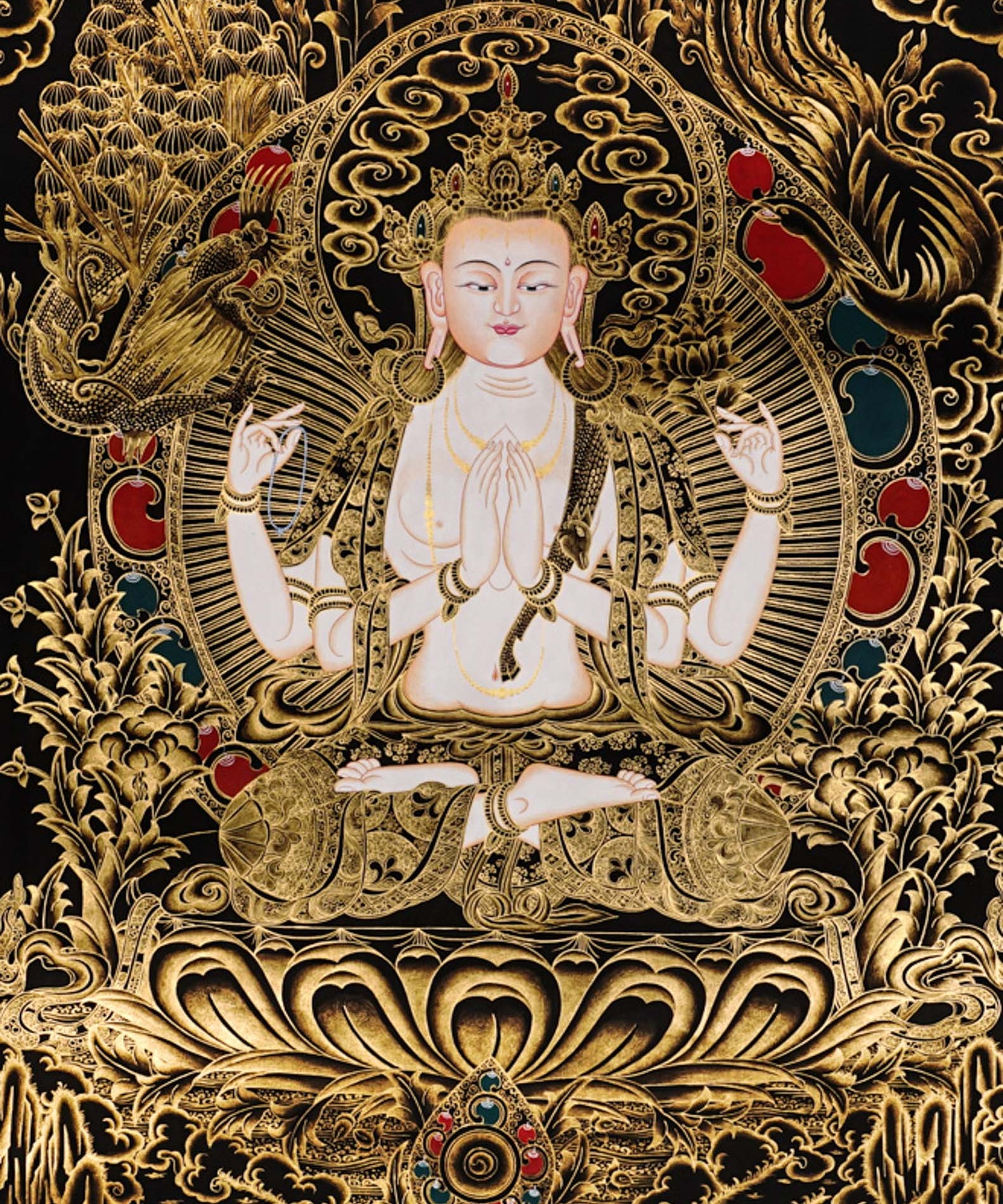 Authentic Chenrezig Thangka artwork hand painted in Nepal with rich symbolism, refined detail, and traditional Buddhist craftsmanship.
