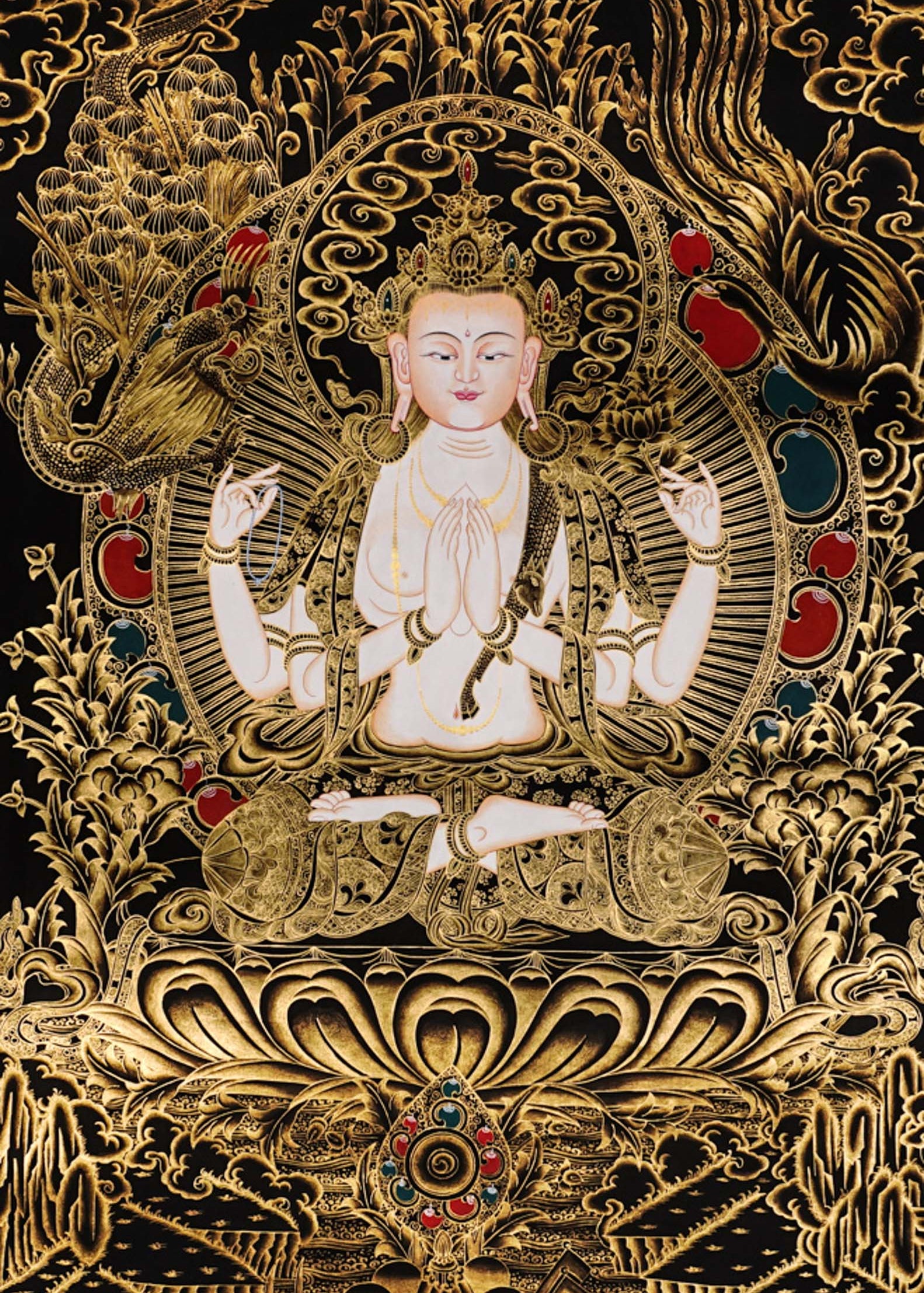 Authentic Chenrezig Thangka artwork hand painted in Nepal with rich symbolism, refined detail, and traditional Buddhist craftsmanship.