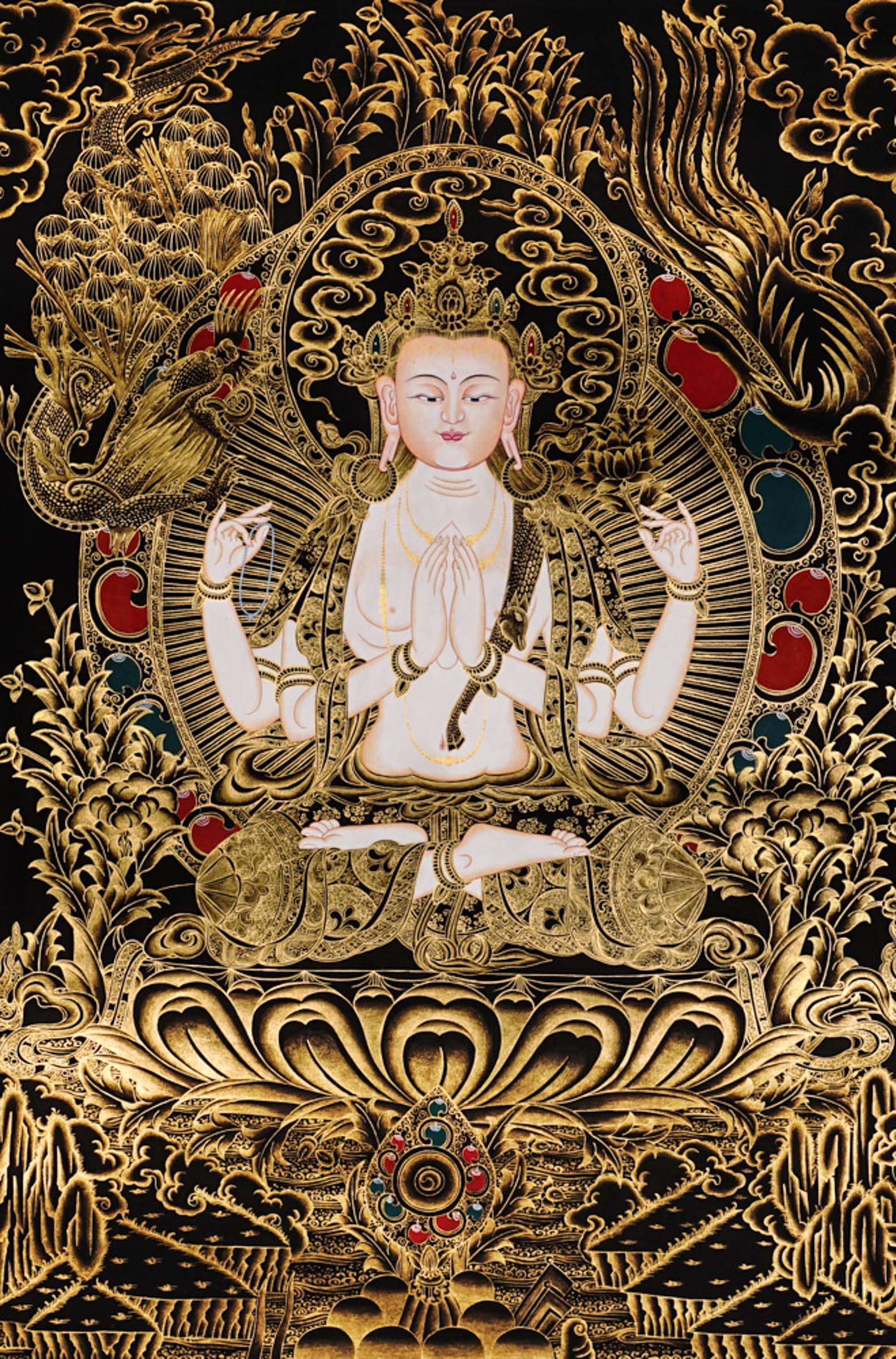 Authentic Chenrezig Thangka artwork hand painted in Nepal with rich symbolism, refined detail, and traditional Buddhist craftsmanship.