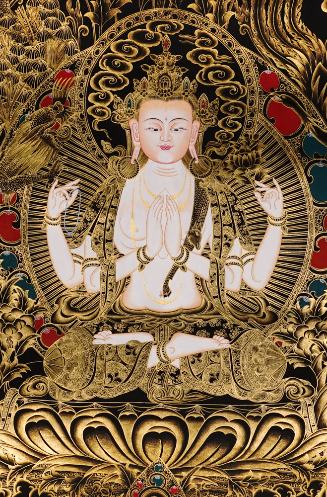 Chenrezig Thangka from Nepal with Avalokiteshvara symbolism, traditional craftsmanship, and sacred Buddhist art detail.