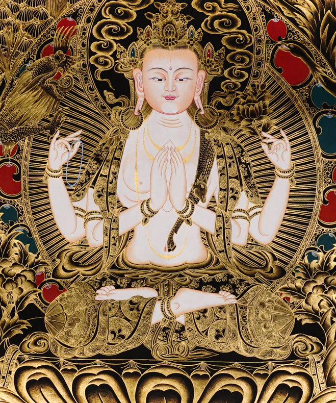 Chenrezig Thangka from Nepal with Avalokiteshvara symbolism, traditional craftsmanship, and sacred Buddhist art detail.