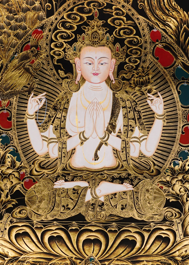 Chenrezig Thangka from Nepal with Avalokiteshvara symbolism, traditional craftsmanship, and sacred Buddhist art detail.